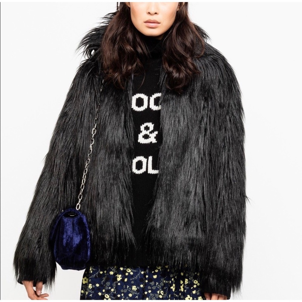 Zadig & Voltaire Fridas Black Shaggy Faux Fur Coat Jacket Size 34 XS
